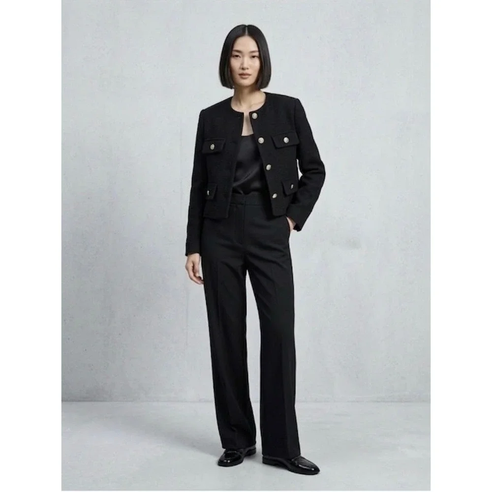 Zara Black Textured Cropped Jacket Gold Crest Buttons Military Style XS
